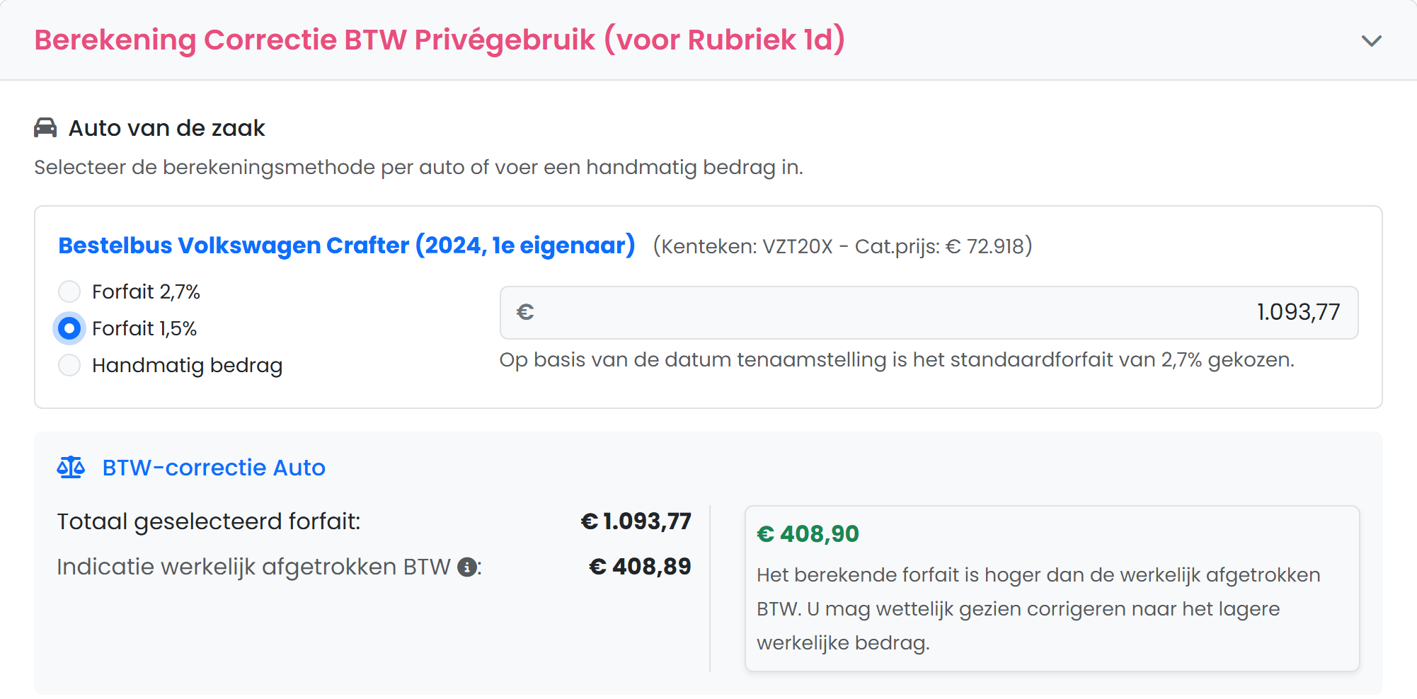 Btw-keuze per auto met vergelijking van forfait en afgetrokken btw