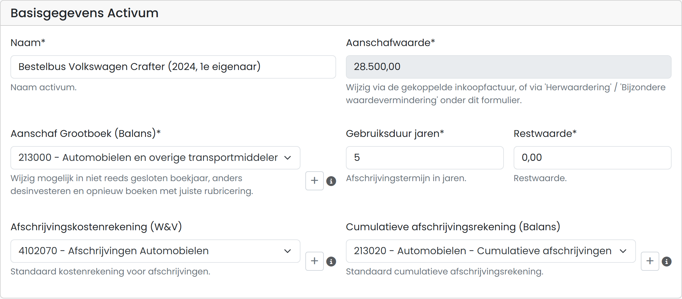 Detailpagina van het activum met afschrijvingsinstellingen