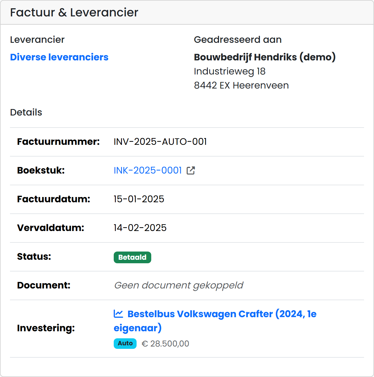 Investeringsfactuur met koppeling naar de bestelbus