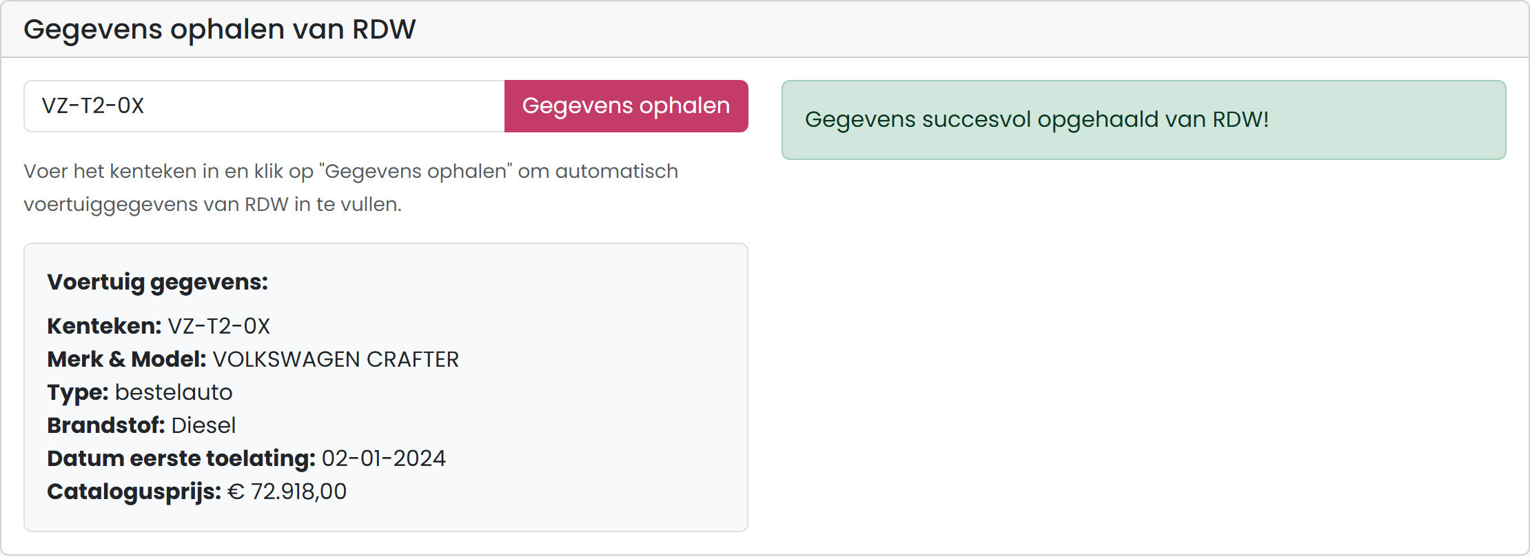 RDW-resultaat met cataloguswaarde van de Volkswagen Crafter