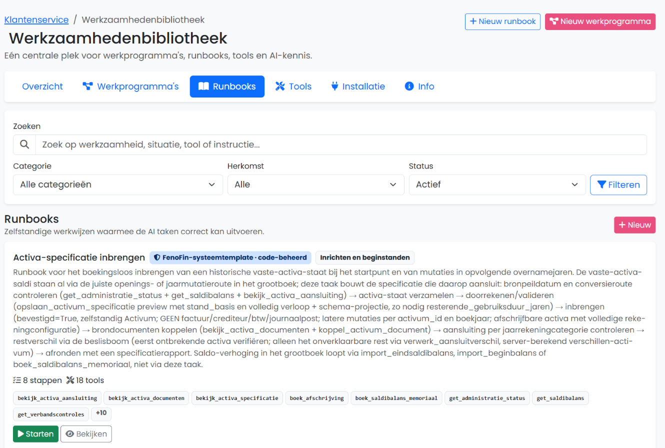 De werkzaamhedenbibliotheek in FenoFin met de meegeleverde runbooks