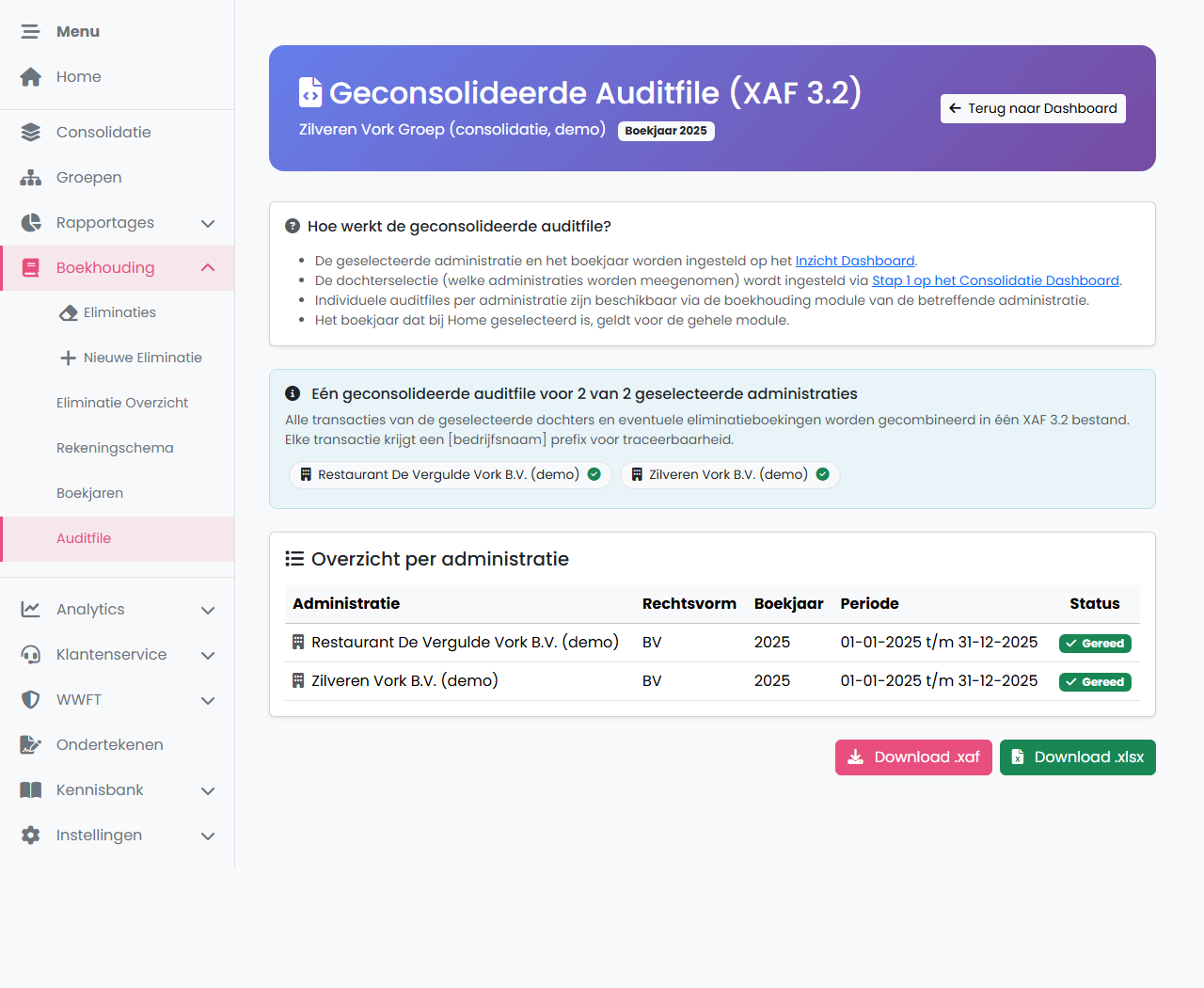 FenoFin — geconsolideerde auditfile XAF 4.0 met een overzicht per administratie, boekjaar en periode en de downloadknoppen