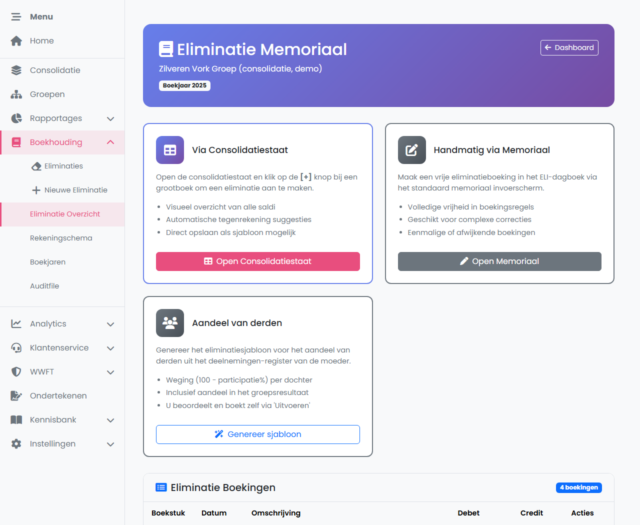 FenoFin — eliminatie-overzicht met drie ingangen: via de consolidatiestaat, handmatig via memoriaal en het genereren van een sjabloon voor het aandeel van derden