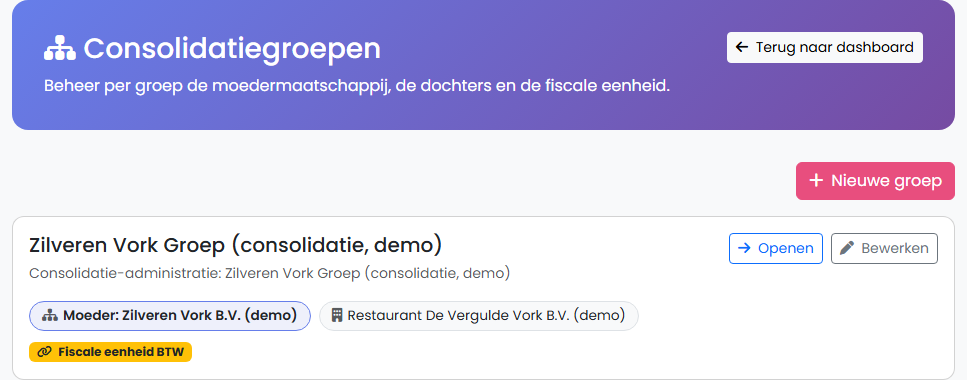 FenoFin — consolidatiegroep met de moedermaatschappij, de deelnemende administratie en de markering fiscale eenheid btw