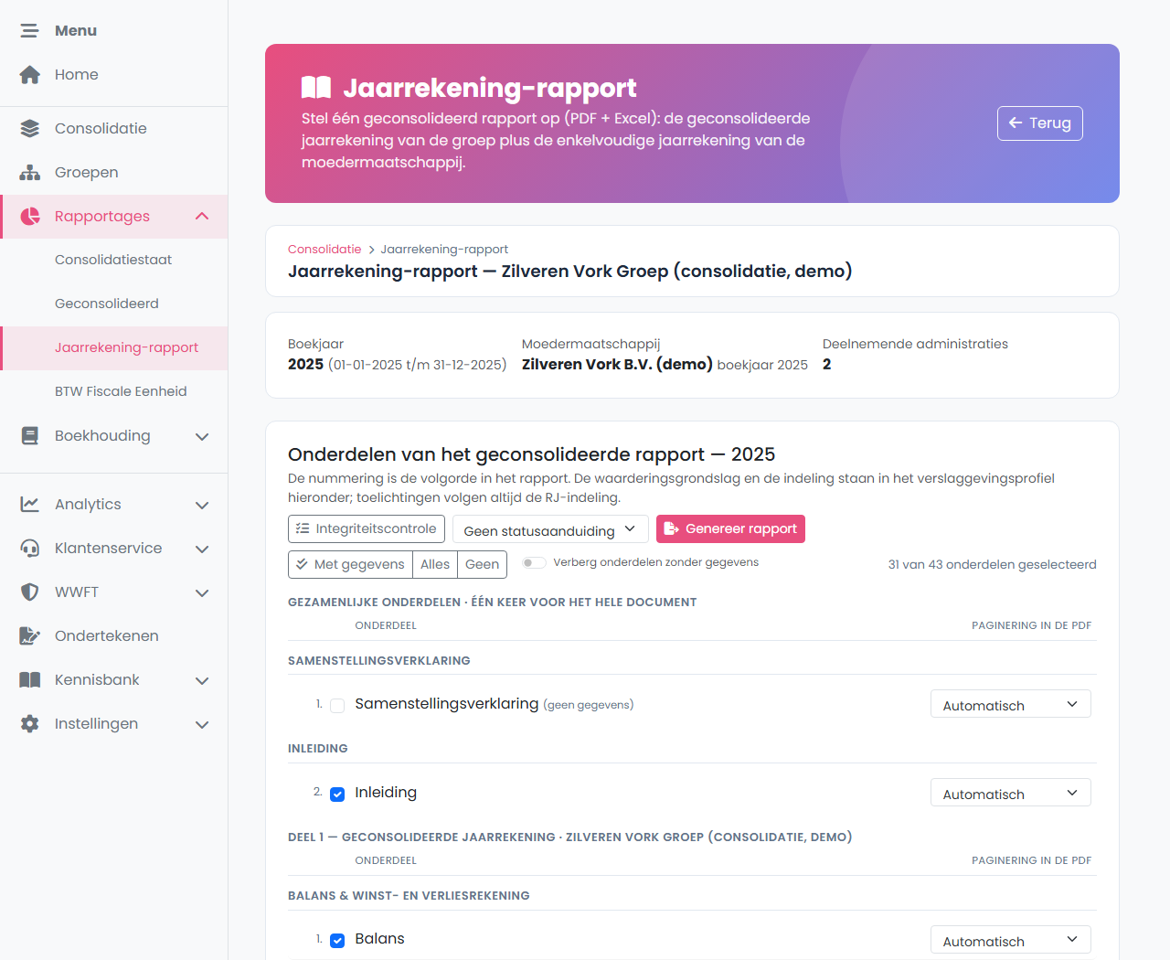 FenoFin — jaarrekening-rapport van een consolidatiegroep met de onderdelenlijst, verdeeld in gezamenlijke onderdelen, deel 1 geconsolideerd en deel 2 enkelvoudig