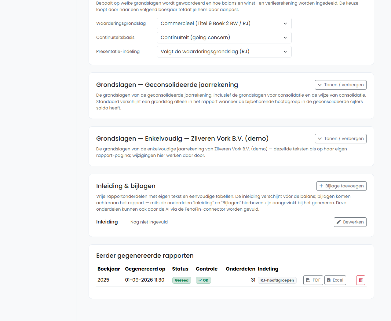 FenoFin — verslaggevingsprofiel, grondslagen per deel, vrije secties en de historie met een afgerond rapport met PDF- en Excel-download