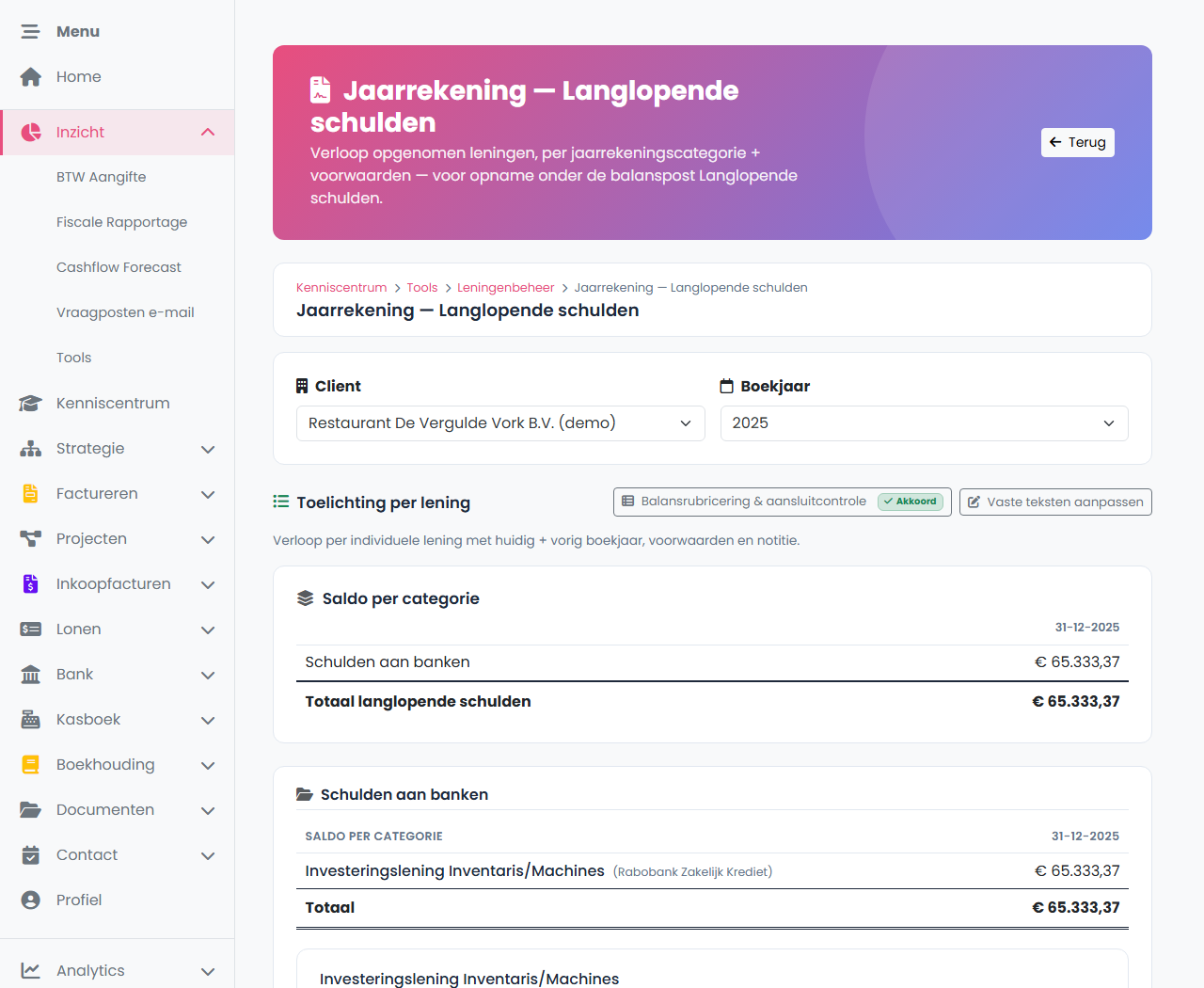 FenoFin — jaarrekeningpresentatie van de langlopende schulden met saldo per categorie en per lening