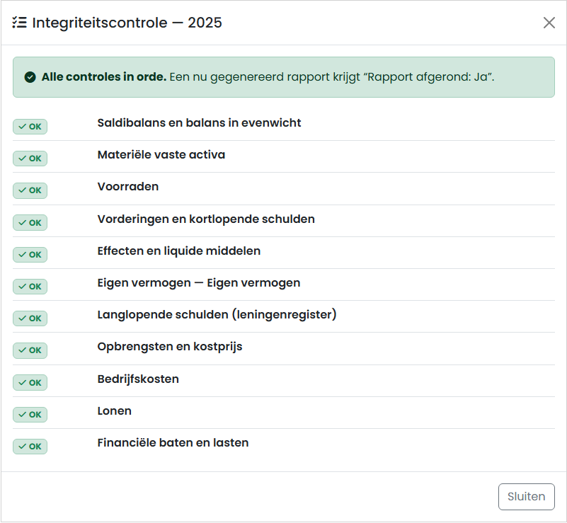 FenoFin — integriteitscontrole met per onderdeel een OK-markering en de melding dat een gegenereerd rapport de status Rapport afgerond Ja krijgt