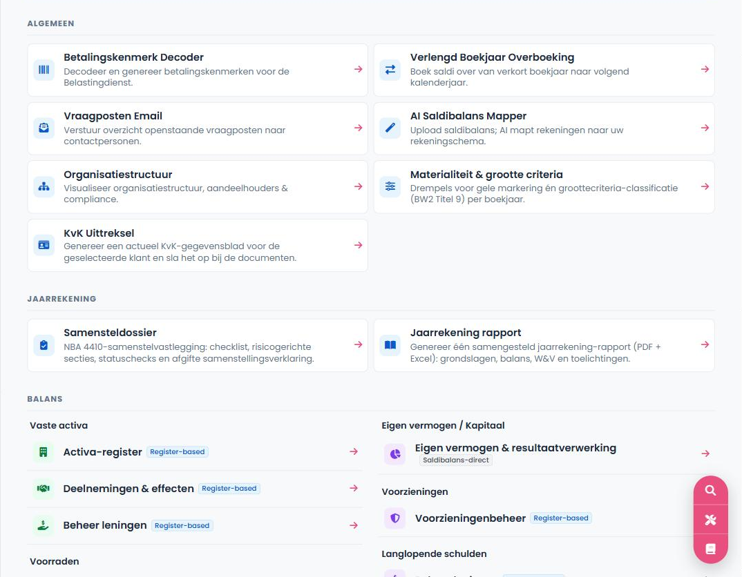 FenoFin — tools-overzicht met samensteldossier, jaarrekening-rapport en registers per balanspost