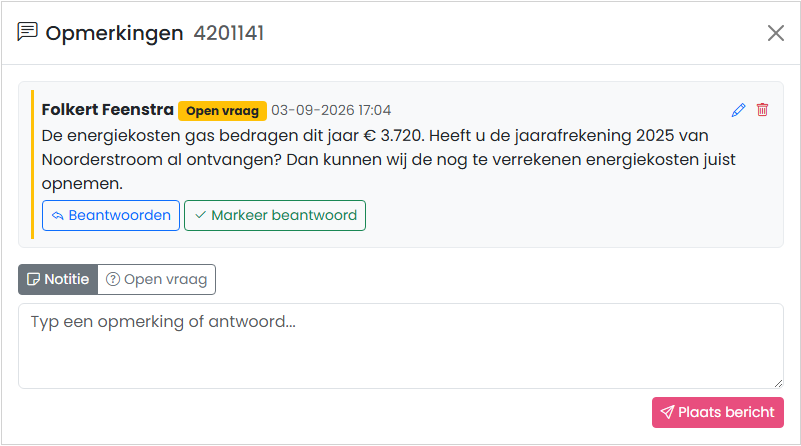 FenoFin — de opmerkingen-thread van rekening 4201141 met een open vraag aan de klant en de keuze tussen Notitie en Open vraag