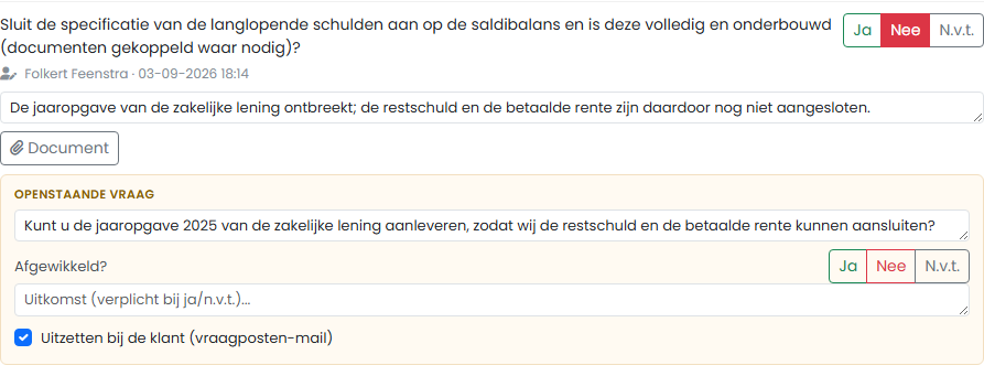 FenoFin — werkstap in het samensteldossier met antwoord Nee, een openstaande vraag en het vinkje Uitzetten bij de klant